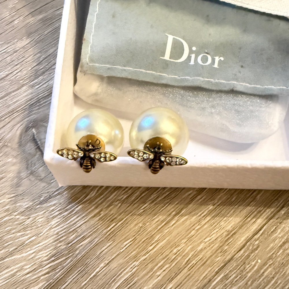 Authentic Christian Dior faux pearl & crystal bee earrings